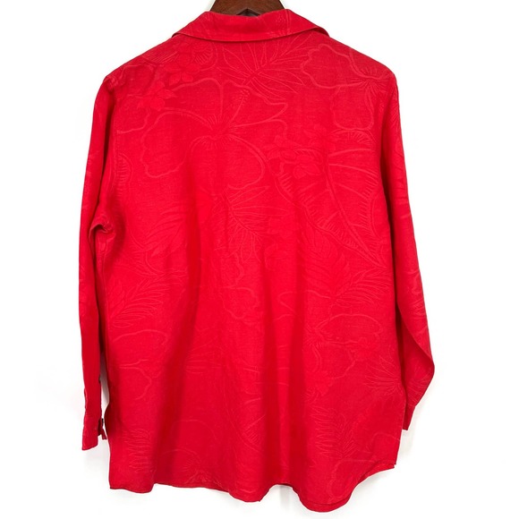 Chicos 2 LARGE Linen Blend Coral Red Long Sleeve Button Blouse Shirt Top Summer - Picture 8 of 8